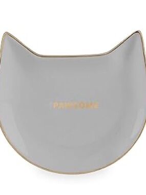 Pinky Ceramic Gray Cat Trinket Tray with Gold Lettering
